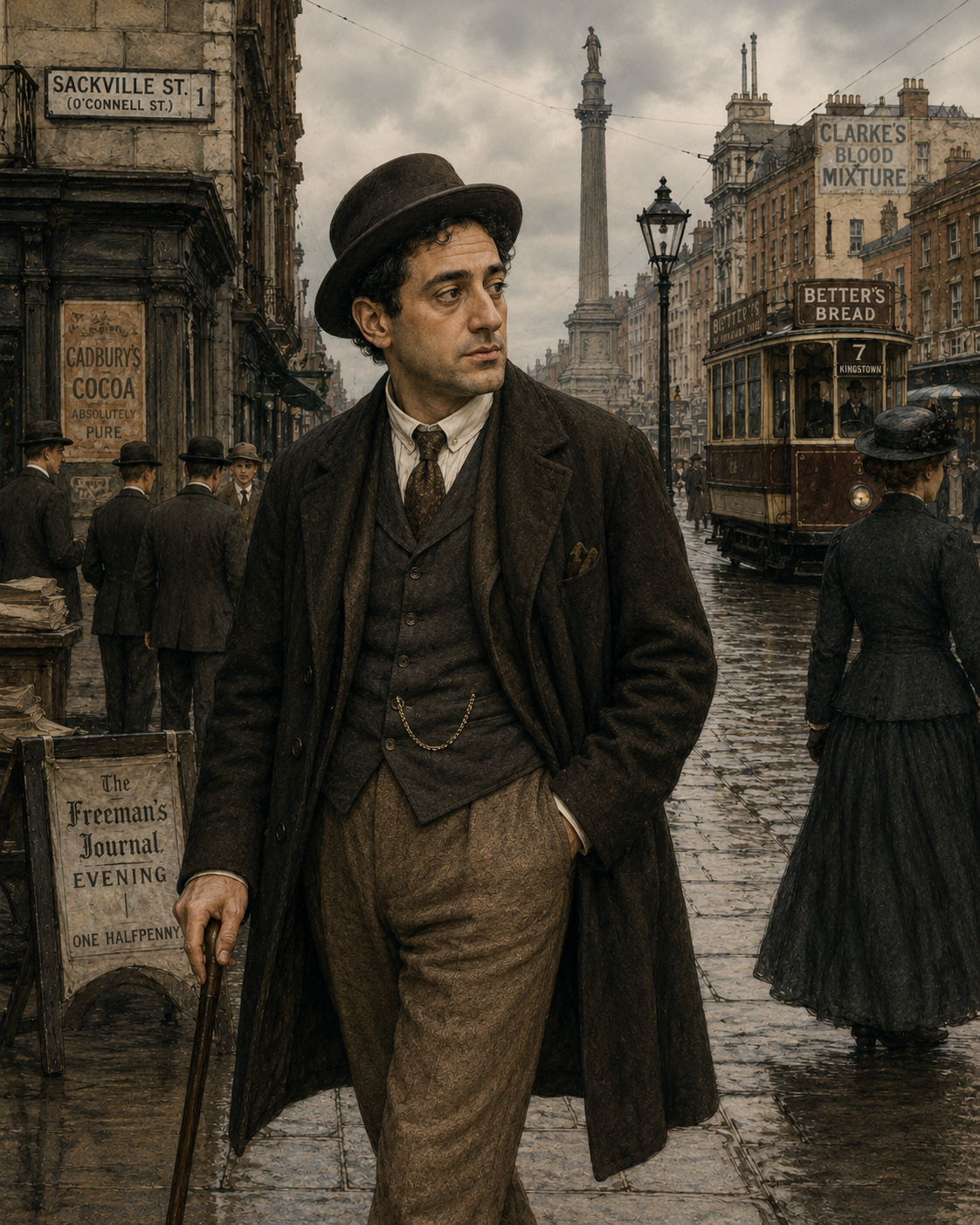 Illustration of Leopold Bloom on a rainy day in Dublin